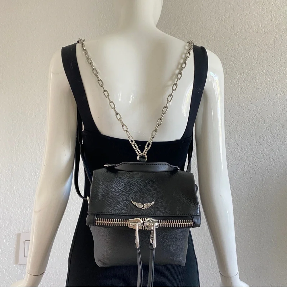 Black Leather Mini Backpack with Silver Details